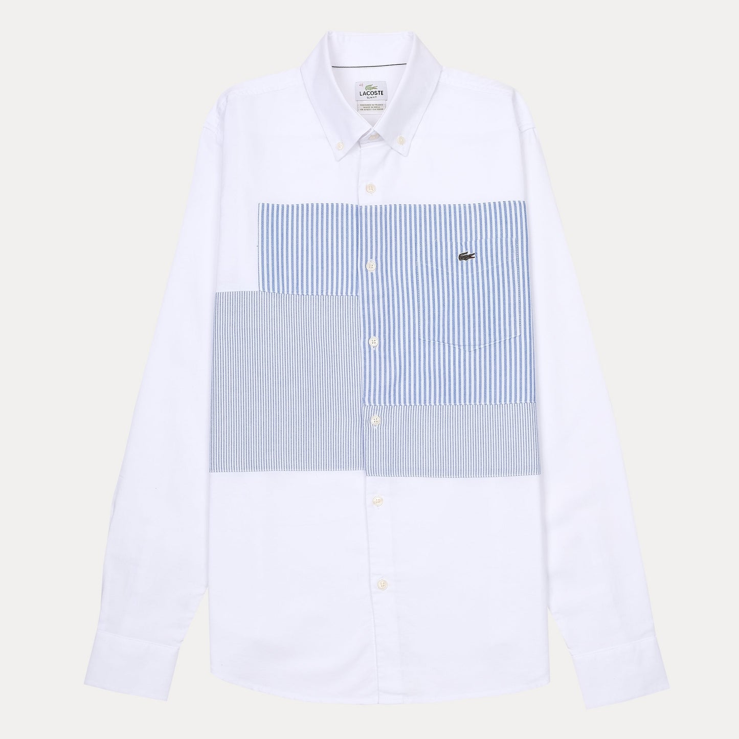 Lacoste Slim Fit Whimsical Waves Button-Up Shirt in Crisp Cloud White and Serene Sky Blue