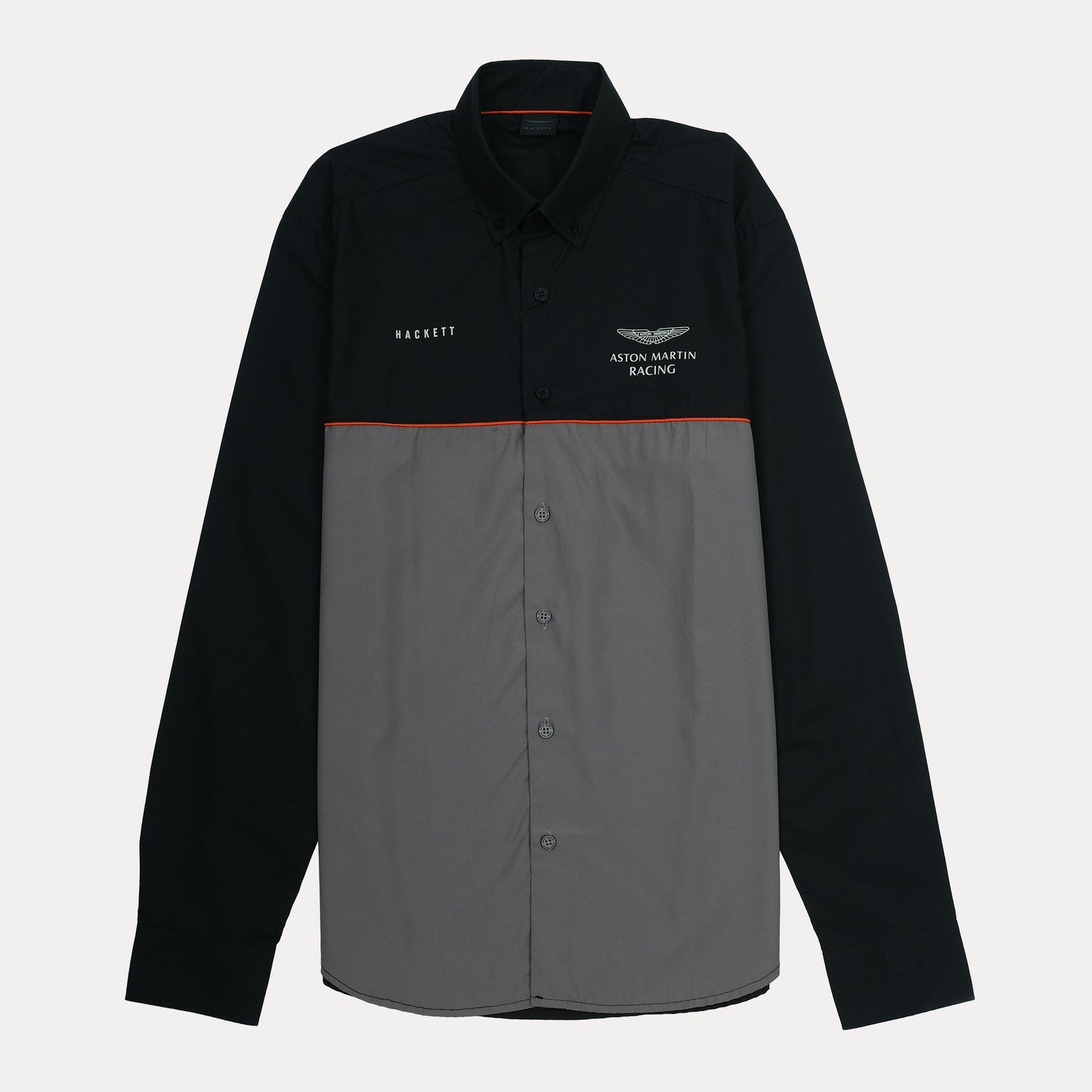 Hackett Aston Martin Racing Long Sleeve Shirt in Midnight Charcoal with Vibrant Ember Accents