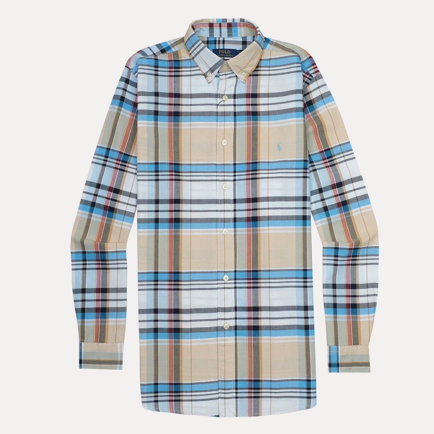 Polo Ralph Lauren Custom Fit Plaid Shirt in Soft Sand and Sky Blue