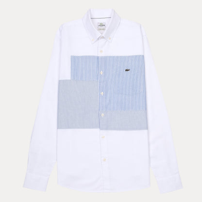 Lacoste Slim Fit Whimsical Waves Button-Up Shirt in Crisp Cloud White and Serene Sky Blue