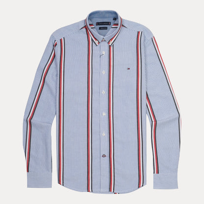 Tommy Hilfiger Striped Elegance Organic Cotton Shirt in Sky Blue with Vibrant Red Accents