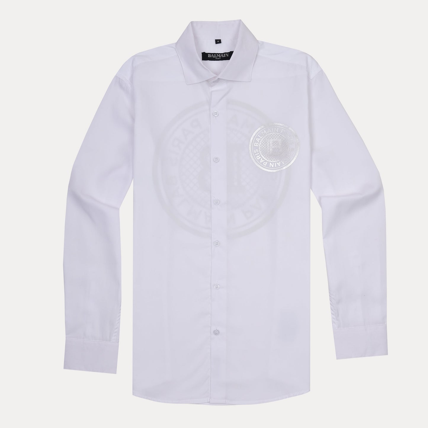 Balmain Elegant Silver Emblem Button-Up Shirt in Pristine White