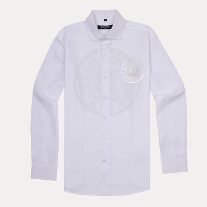 Balmain Elegant Silver Emblem Button-Up Shirt in Pristine White