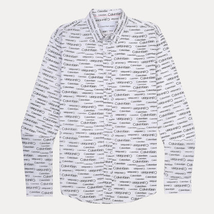 Calvin Klein Whimsical Logo Print Button-Up Shirt in Crisp Cloud White