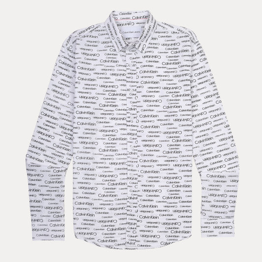 Calvin Klein Whimsical Logo Print Button-Up Shirt in Crisp Cloud White