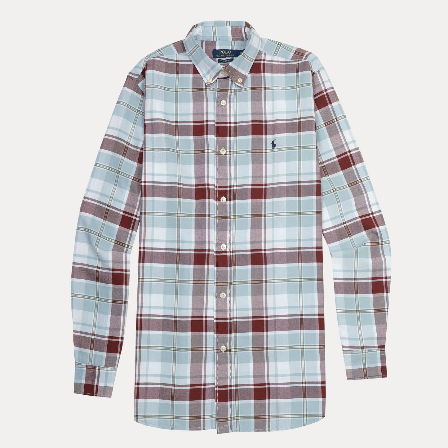 Polo Ralph Lauren Custom Fit Plaid Shirt in Serene Sky and Rustic Red
