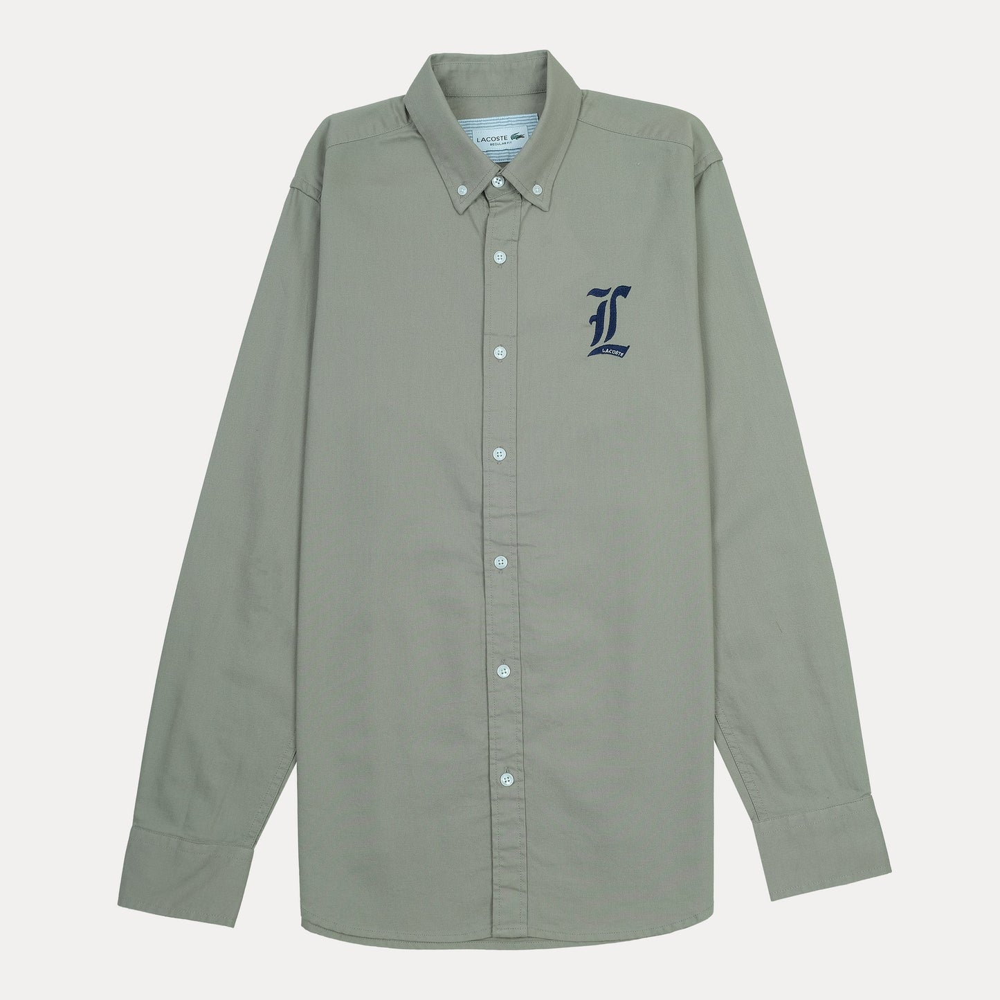 Lacoste Organic Cotton Sage Green Button-Up Shirt with Elegant Embroidery