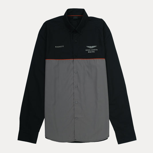 Hackett Aston Martin Racing Long Sleeve Shirt in Midnight Charcoal with Vibrant Ember Accents