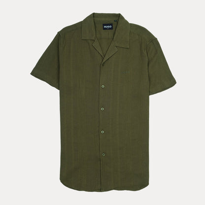 HUGO Slim Fit Textured Linen Olive Green Short Sleeve Shirt