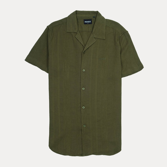 HUGO Slim Fit Textured Linen Olive Green Short Sleeve Shirt