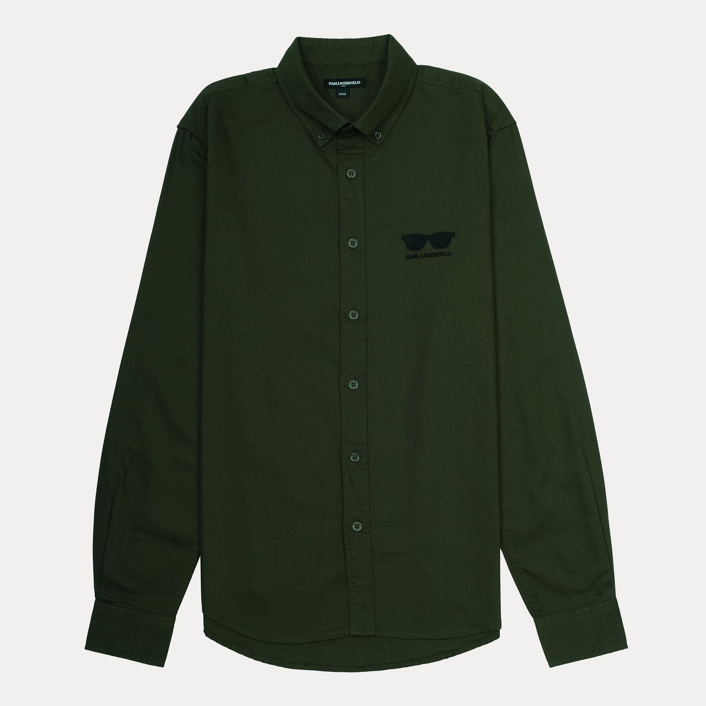 KARL LAGERFELD Chic Olive Green Button-Up Shirt with Iconic Sunglasses Embroidery