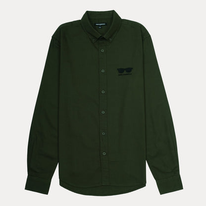 KARL LAGERFELD Chic Olive Green Button-Up Shirt with Iconic Sunglasses Embroidery
