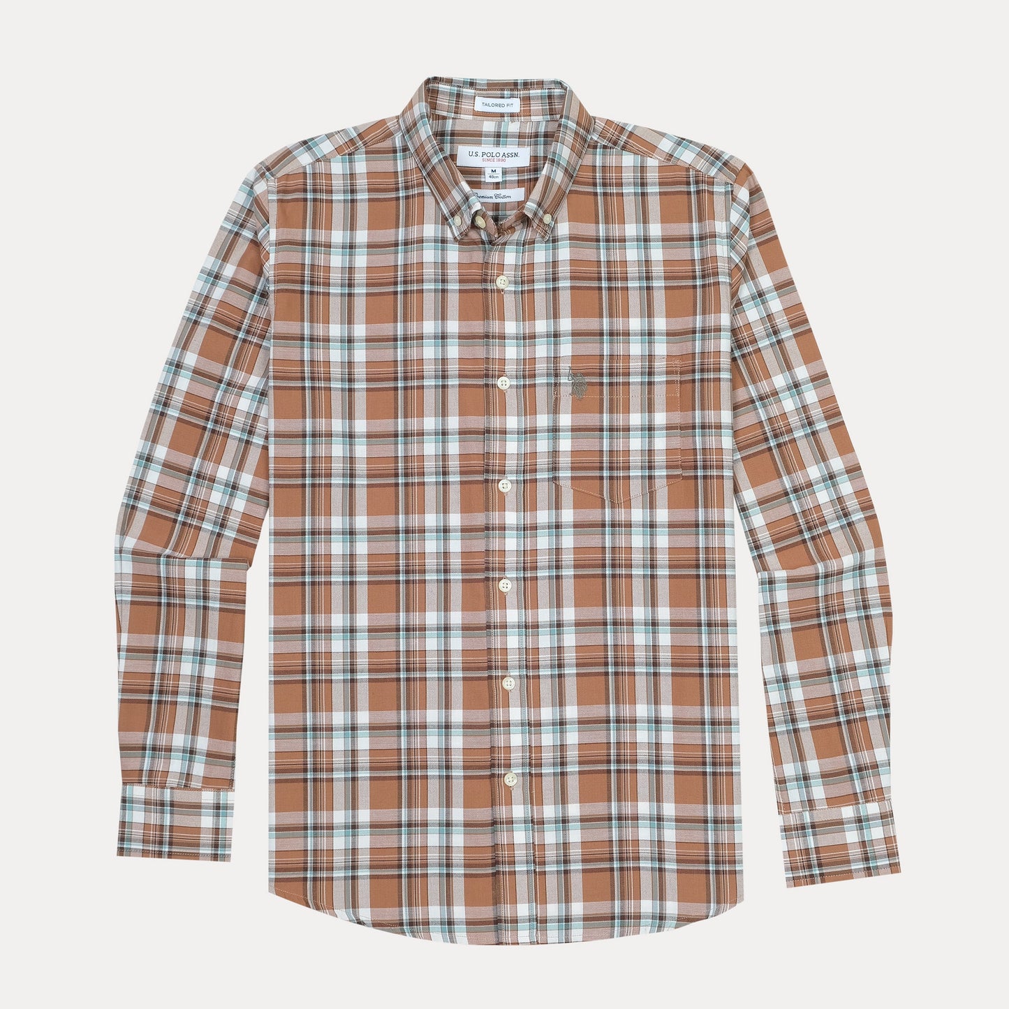 U.S. Polo Assn. Premium Cotton Tailored Fit Plaid Shirt in Rustic Copper