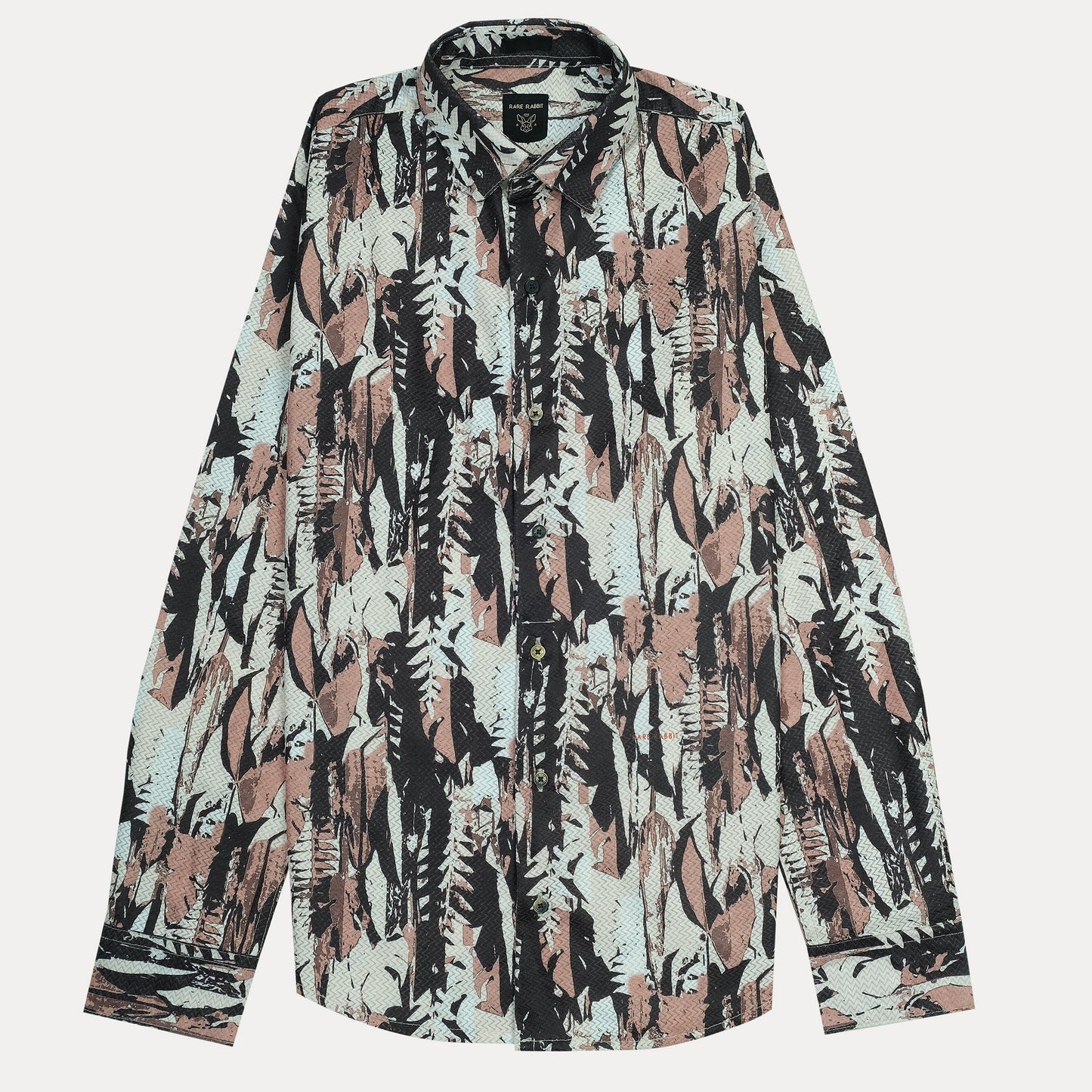 RARE RABBIT Artistic Leafy Print Shirt in Serene Aqua and Earthy Blush