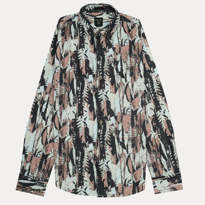 RARE RABBIT Artistic Leafy Print Shirt in Serene Aqua and Earthy Blush