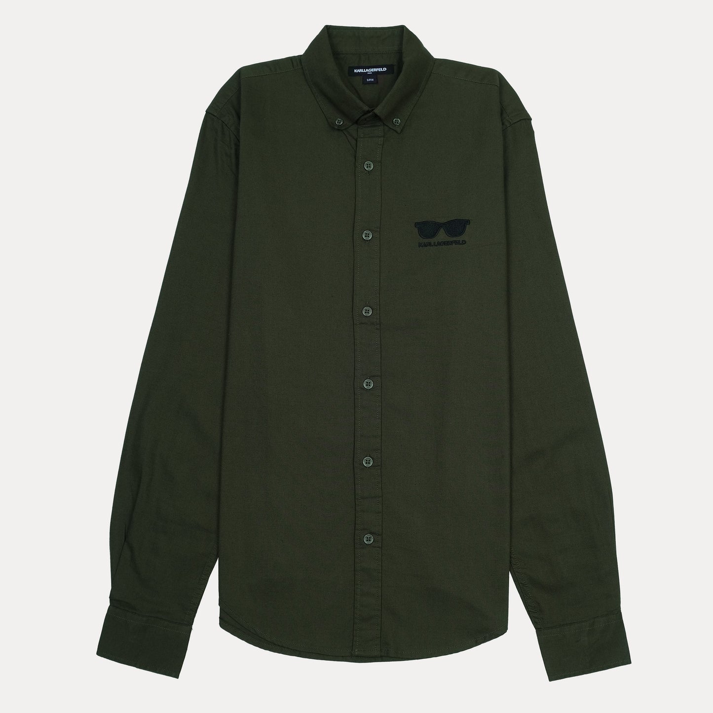 KARL LAGERFELD Chic Olive Green Button-Up Shirt with Sunglasses Embroidery