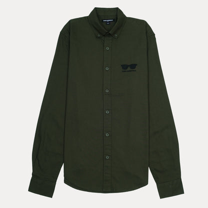 KARL LAGERFELD Chic Olive Green Button-Up Shirt with Sunglasses Embroidery