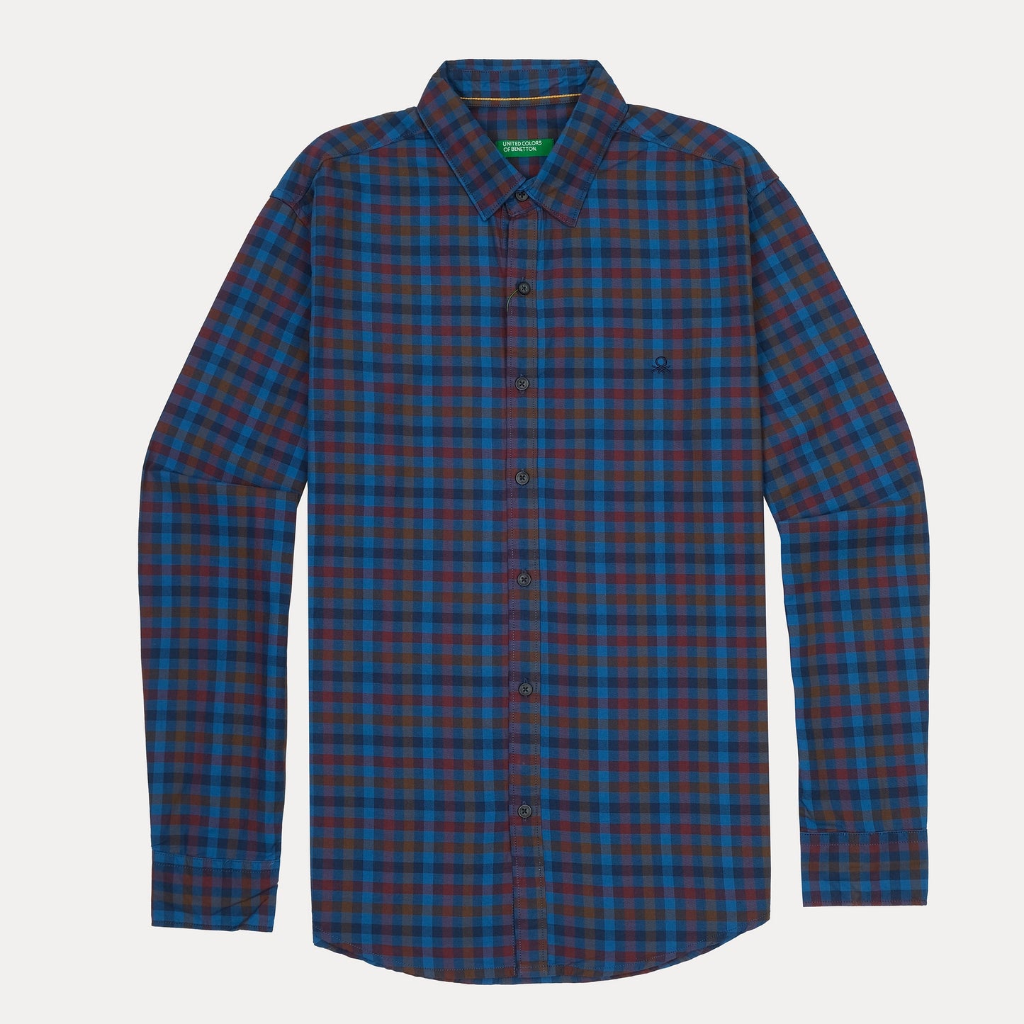 United Colors of Benetton Vibrant Plaid Long Sleeve Shirt in Oceanic Blue & Rustic Red