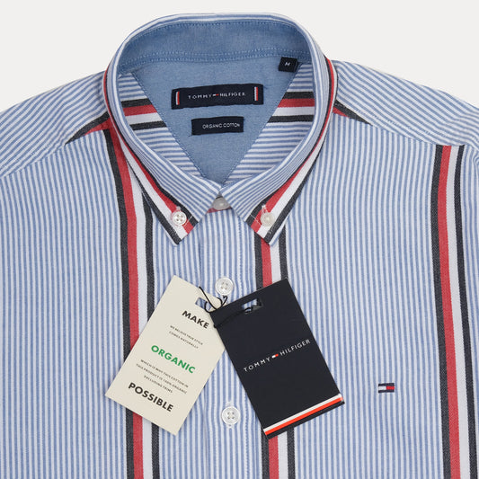 Tommy Hilfiger Striped Elegance Organic Cotton Shirt in Sky Blue with Vibrant Red Accents