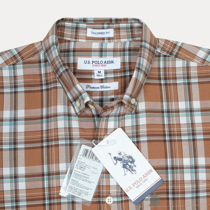 U.S. Polo Assn. Premium Cotton Tailored Fit Plaid Shirt in Rustic Copper