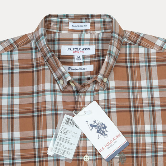 U.S. Polo Assn. Premium Cotton Tailored Fit Plaid Shirt in Rustic Copper