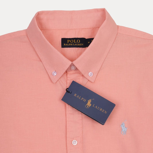 RALPH LAUREN SLIM FIT Button-Down Linen Shirt in Coral