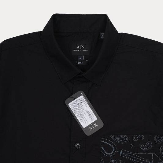 A|X Armani Exchange Slim Fit Black Button-Up Shirt with Contrast Pocket