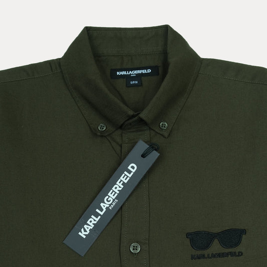KARL LAGERFELD Chic Olive Green Button-Up Shirt with Sunglasses Embroidery