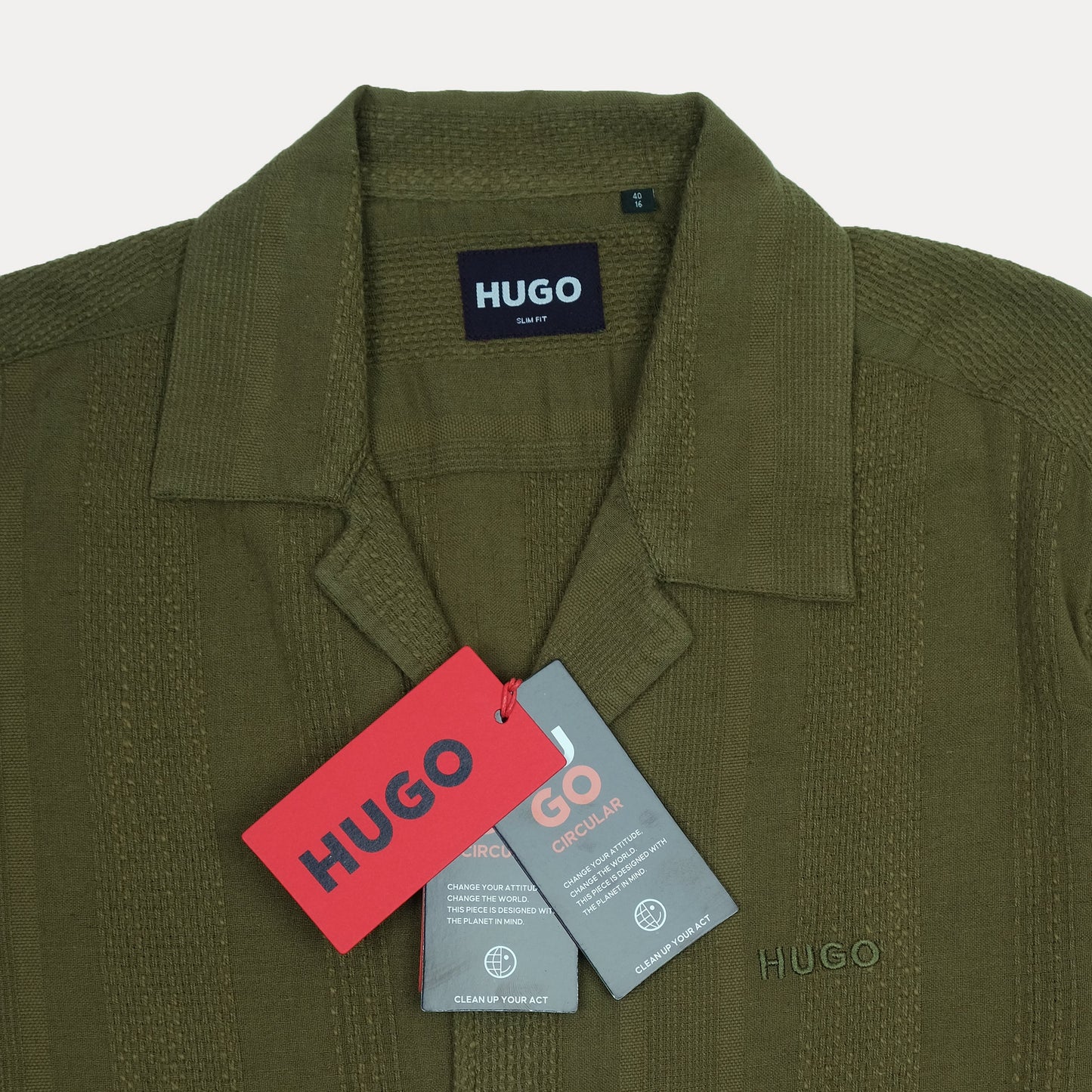 HUGO Slim Fit Textured Linen Olive Green Short Sleeve Shirt
