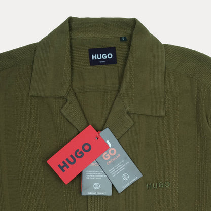 HUGO Slim Fit Textured Linen Olive Green Short Sleeve Shirt