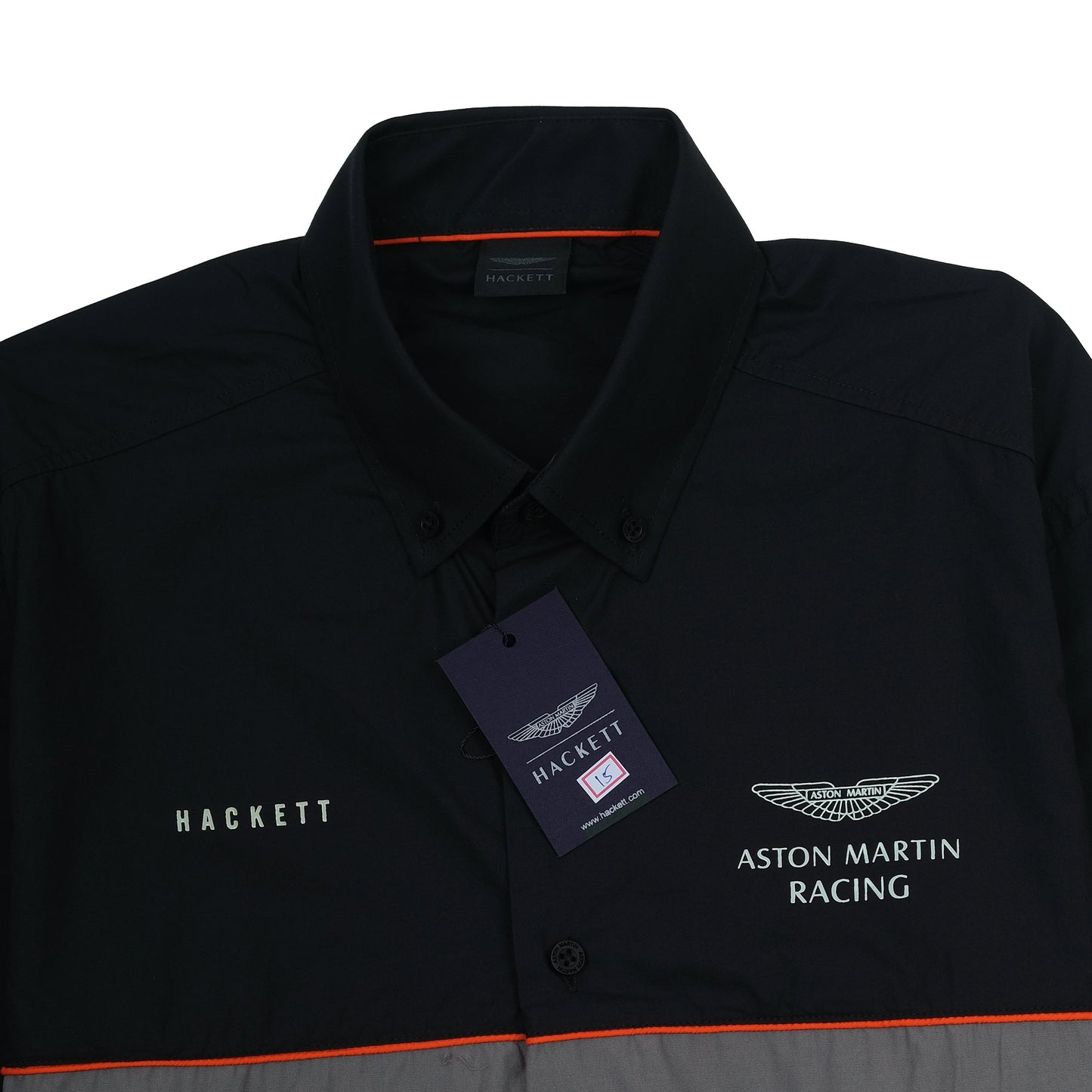 Hackett Aston Martin Racing Long Sleeve Shirt in Midnight Charcoal with Vibrant Ember Accents