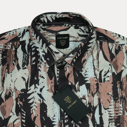 RARE RABBIT Artistic Leafy Print Shirt in Serene Aqua and Earthy Blush
