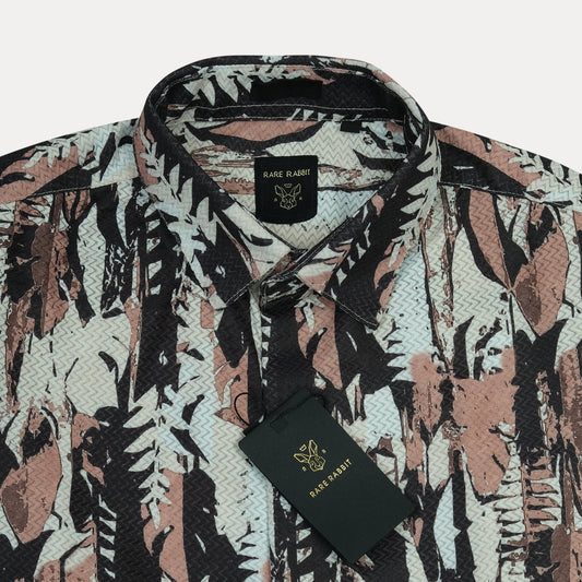 RARE RABBIT Artistic Leafy Print Shirt in Serene Aqua and Earthy Blush