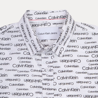 Calvin Klein Whimsical Logo Print Button-Up Shirt in Crisp Cloud White
