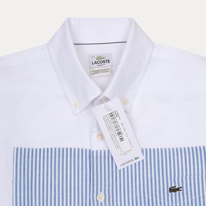 Lacoste Slim Fit Whimsical Waves Button-Up Shirt in Crisp Cloud White and Serene Sky Blue