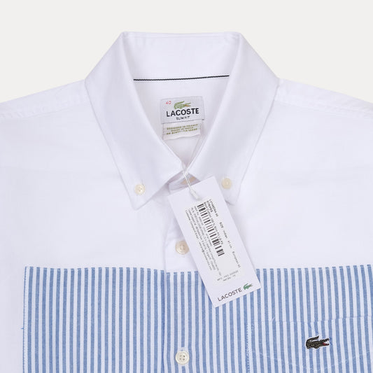 Lacoste Slim Fit Whimsical Waves Button-Up Shirt in Crisp Cloud White and Serene Sky Blue