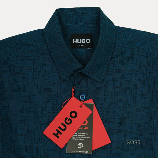 HUGO Slim Fit Geometric Patterned Shirt in Enchanted Teal