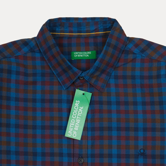 United Colors of Benetton Vibrant Plaid Long Sleeve Shirt in Oceanic Blue & Rustic Red