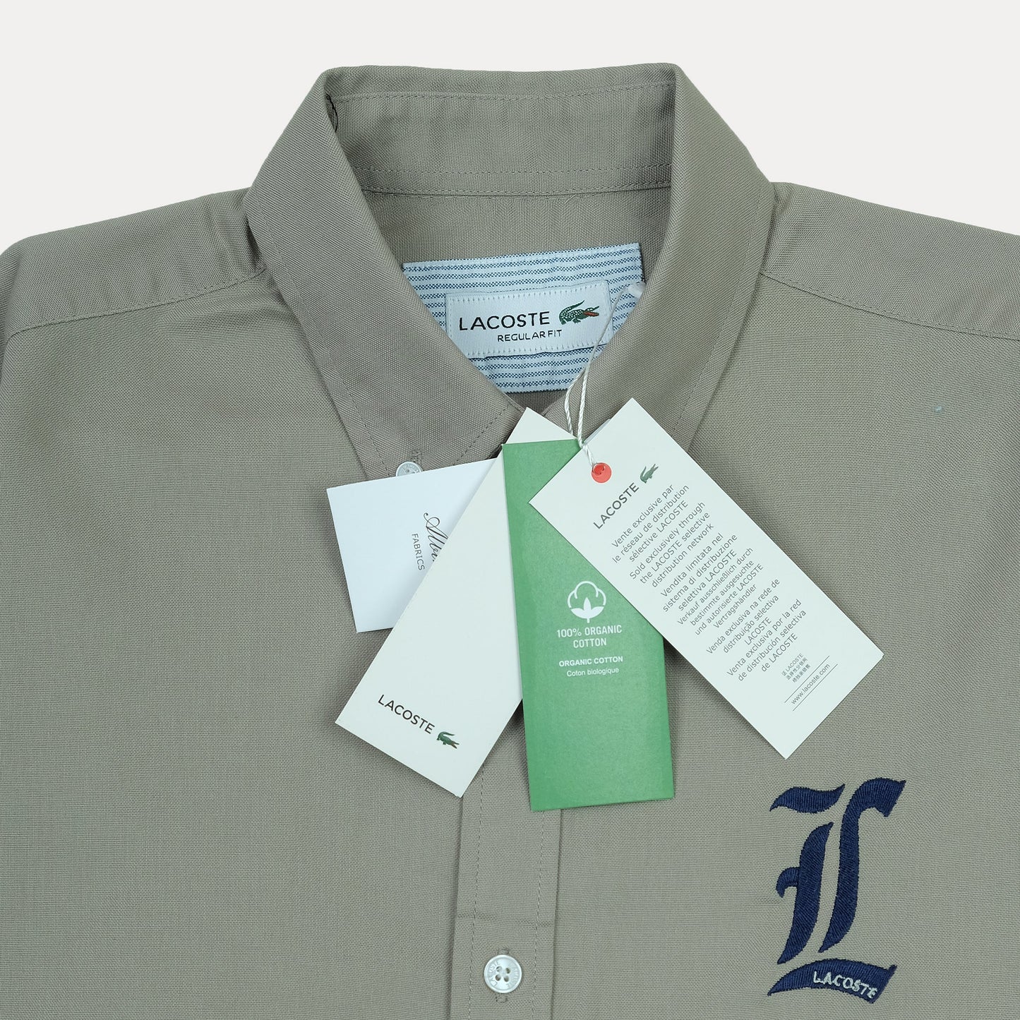 Lacoste Organic Cotton Sage Green Button-Up Shirt with Elegant Embroidery