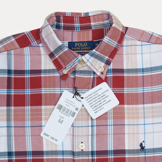 Polo Ralph Lauren Custom Fit Plaid Shirt in Rustic Crimson & Sky Blue