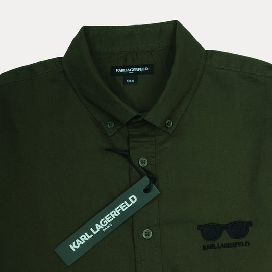 KARL LAGERFELD Chic Olive Green Button-Up Shirt with Iconic Sunglasses Embroidery