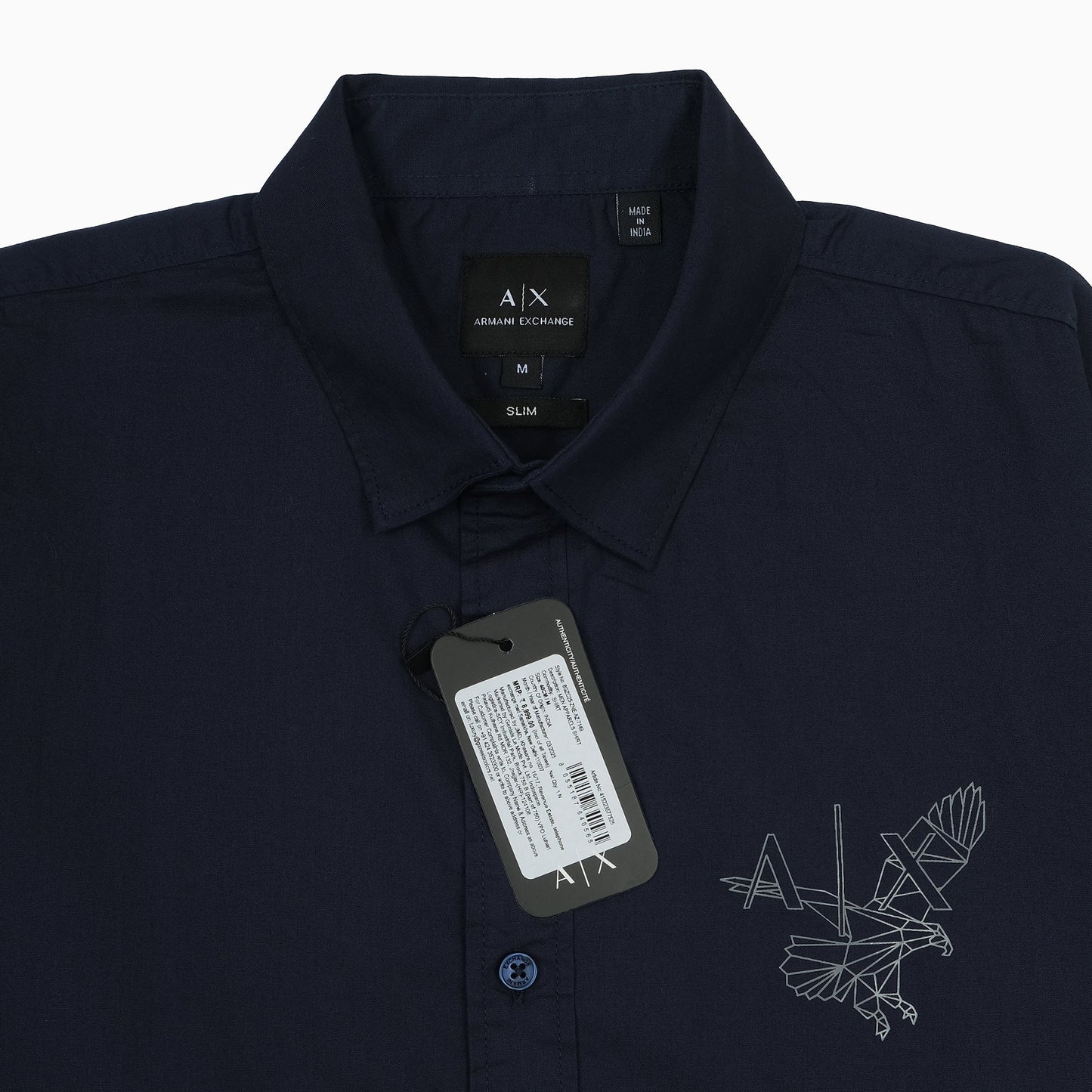 Armani Exchange Slim Fit Navy Button-Up Shirt with Embroidered Detail