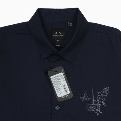 Armani Exchange Slim Fit Navy Button-Up Shirt with Embroidered Detail