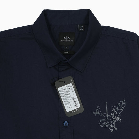 Armani Exchange Slim Fit Navy Button-Up Shirt with Embroidered Detail