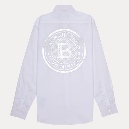 Balmain Elegant Silver Emblem Button-Up Shirt in Pristine White