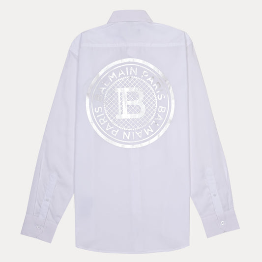 Balmain Elegant Silver Emblem Button-Up Shirt in Pristine White