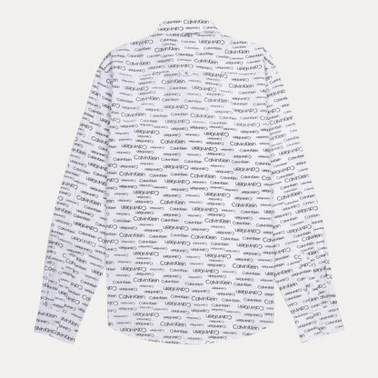 Calvin Klein Whimsical Logo Print Button-Up Shirt in Crisp Cloud White