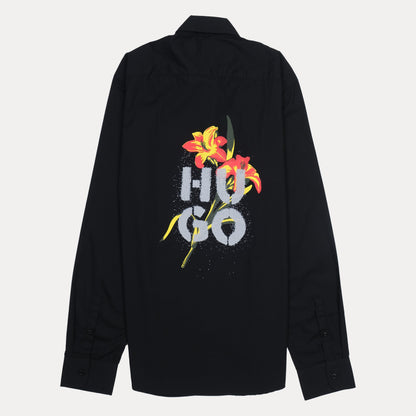 HUGO Modern Fit Black Button-Up Shirt with Logo