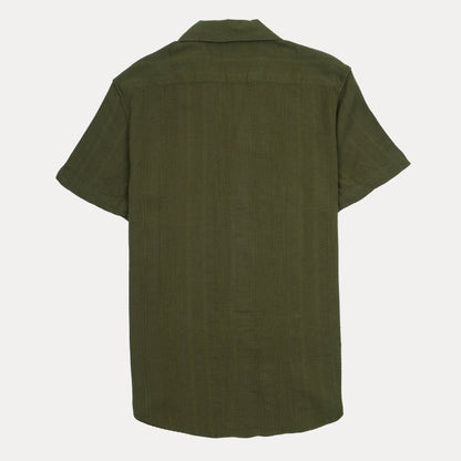 HUGO Slim Fit Textured Linen Olive Green Short Sleeve Shirt