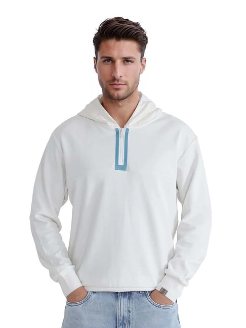 RARE RABBIT Cozy Cloud White Hoodie with Aqua Accent
